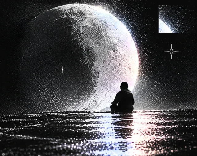 A creator sitting beside a luminous halftone moon