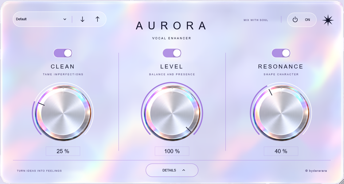 AURORA plugin interface showing the fixed demo preset. Sound controls are not editable.