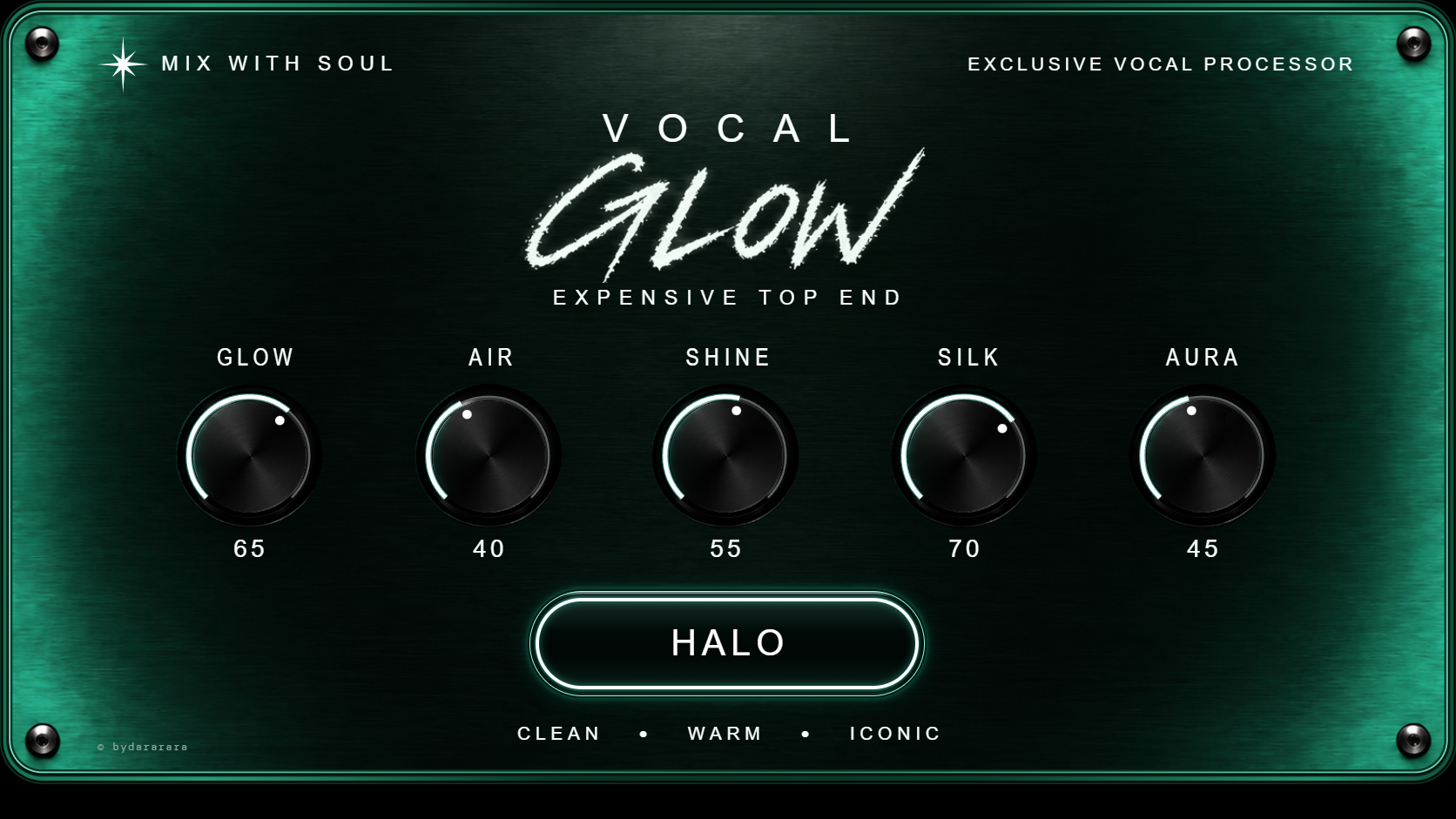 GLOW plugin interface showing the fixed demo preset. Sound controls are not editable.