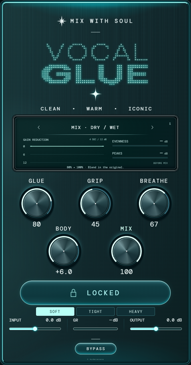 GLUE plugin interface showing the fixed demo preset. Sound controls are not editable.