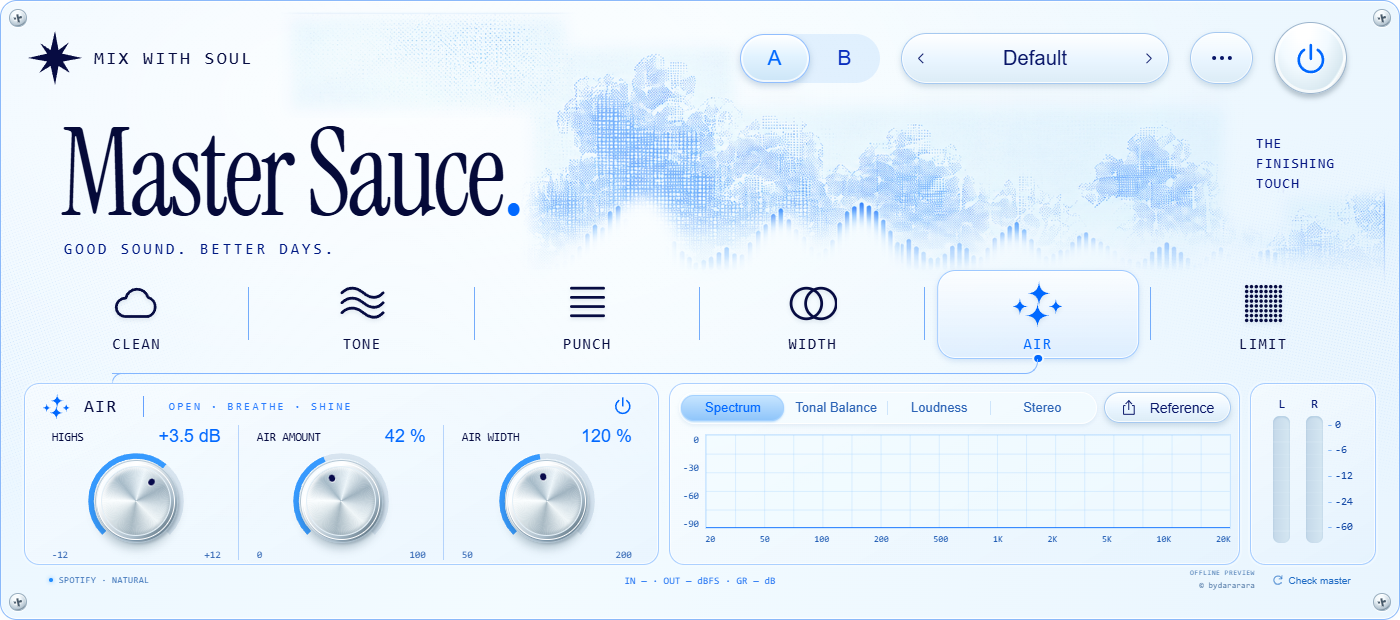 MASTER plugin interface showing the fixed demo preset. Sound controls are not editable.