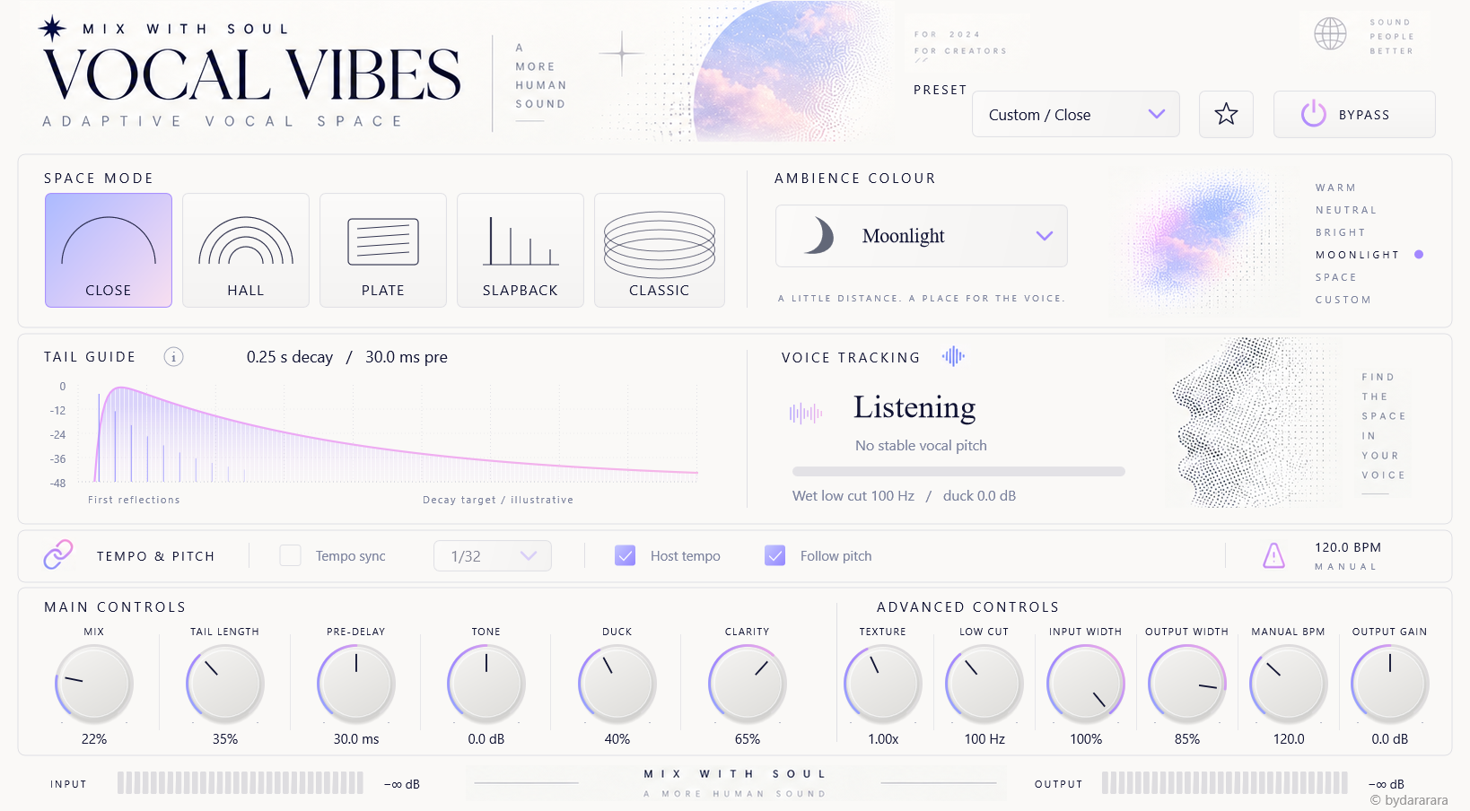 VIBES vocal reverb interface with Close, Hall, Plate, Slapback and Classic modes